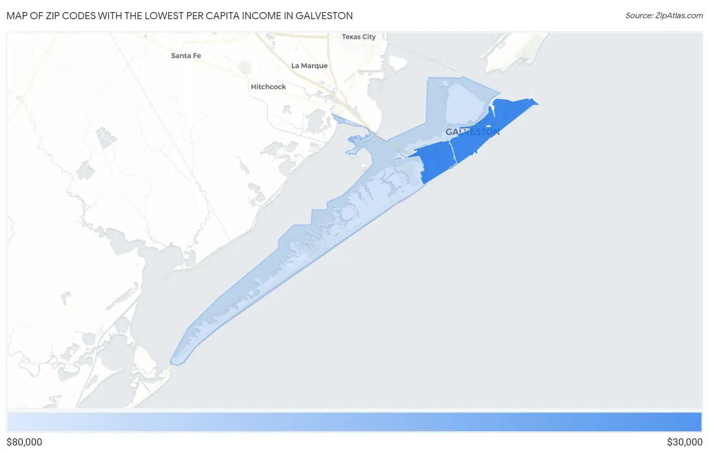 Zip Codes with the Lowest Per Capita Income in Galveston Map