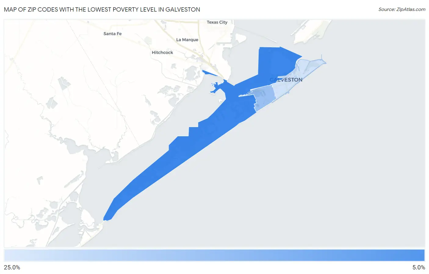 Zip Codes with the Lowest Poverty Level in Galveston Map