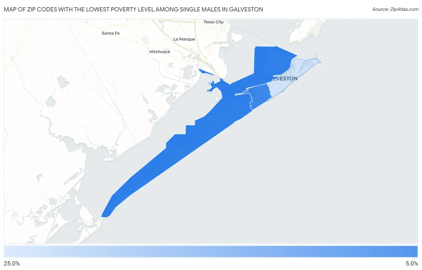 Zip Codes with the Lowest Poverty Level Among Single Males in Galveston Map