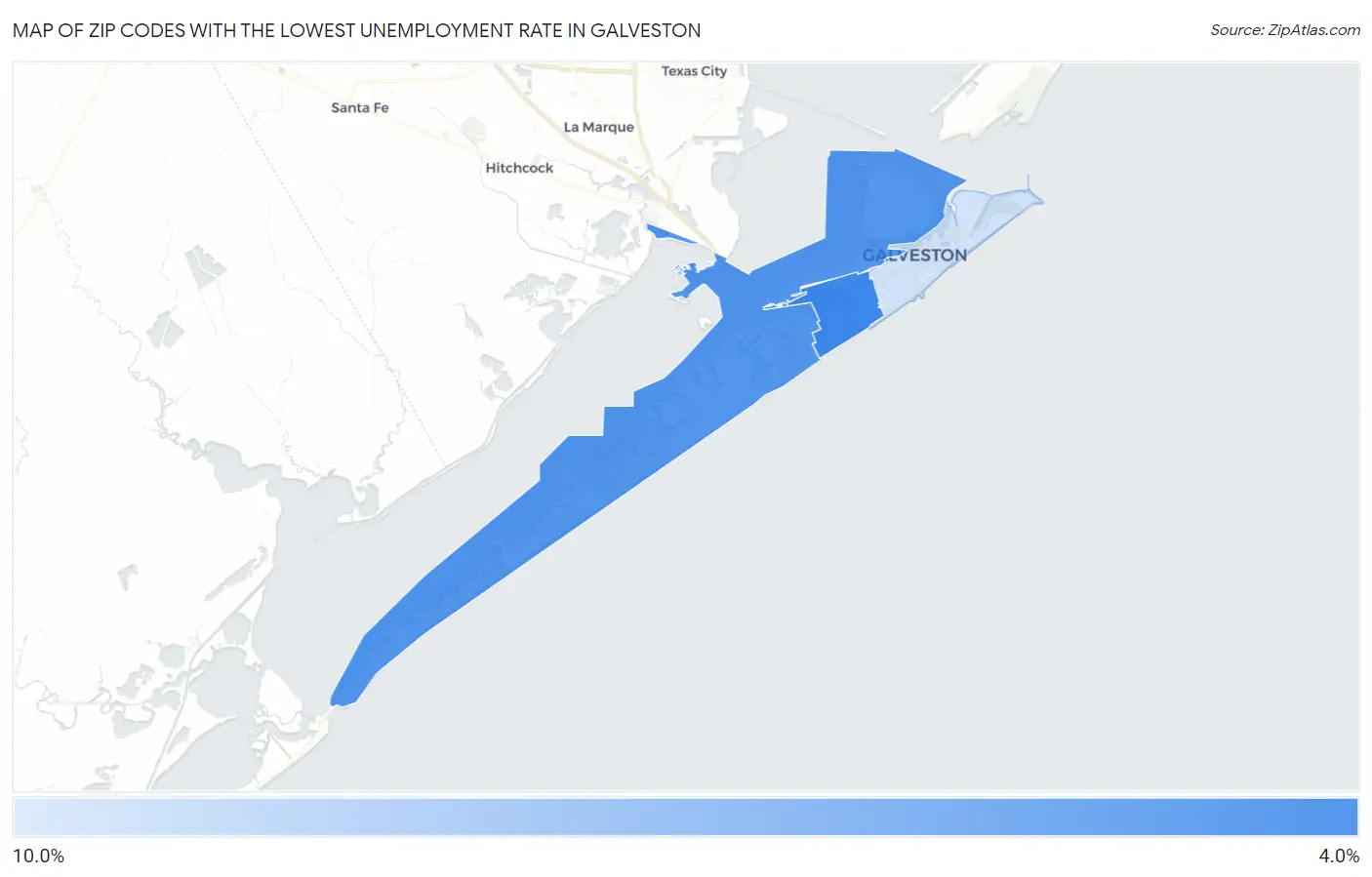 Zip Codes with the Lowest Unemployment Rate in Galveston Map