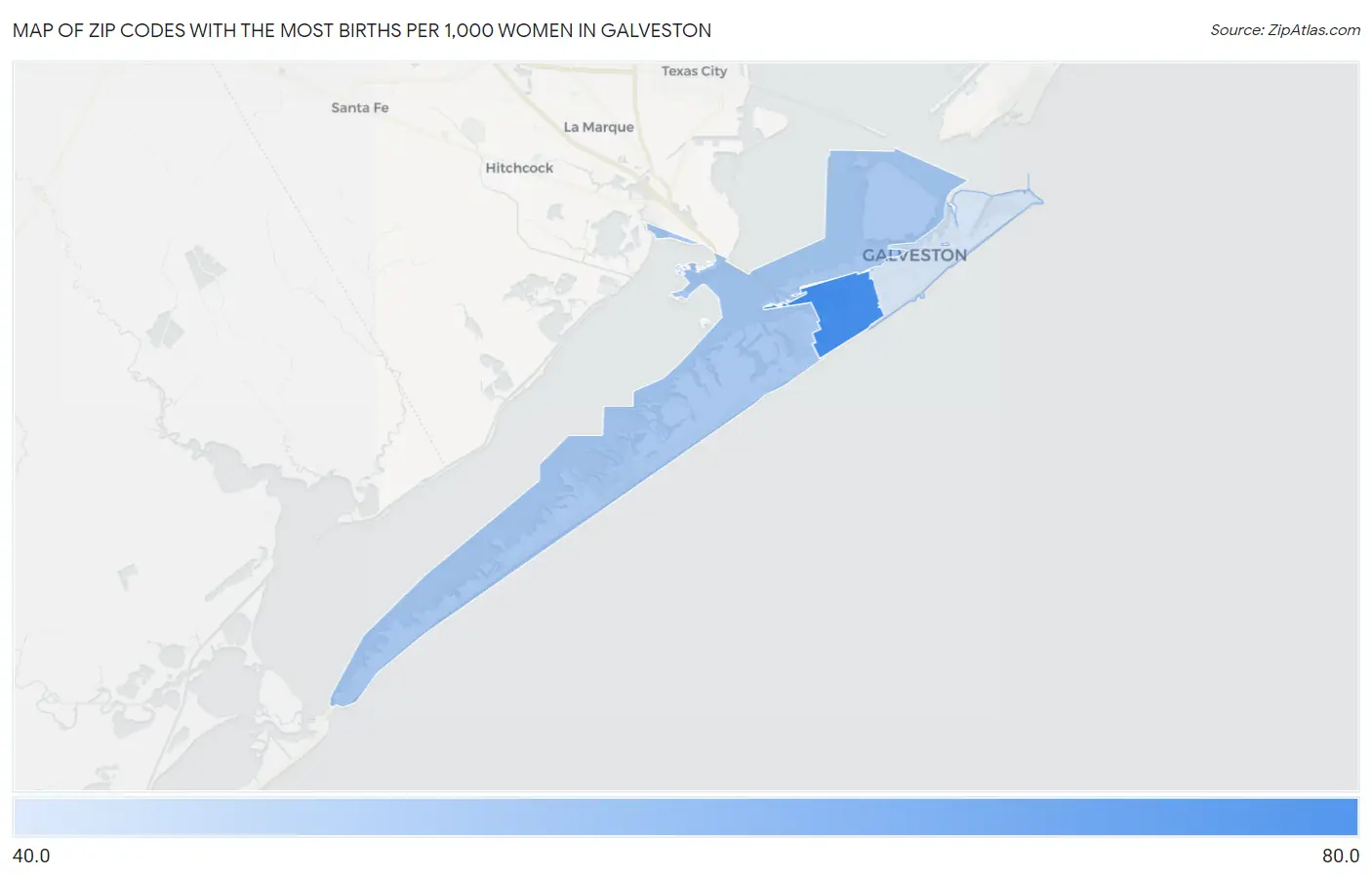 Zip Codes with the Most Births per 1,000 Women in Galveston Map