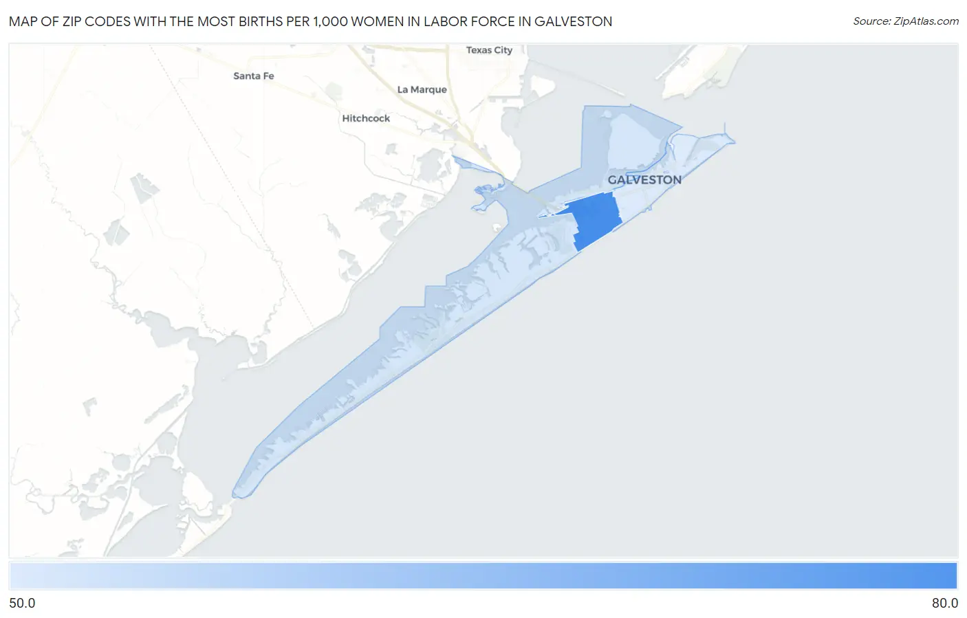 Zip Codes with the Most Births per 1,000 Women in Labor Force in Galveston Map