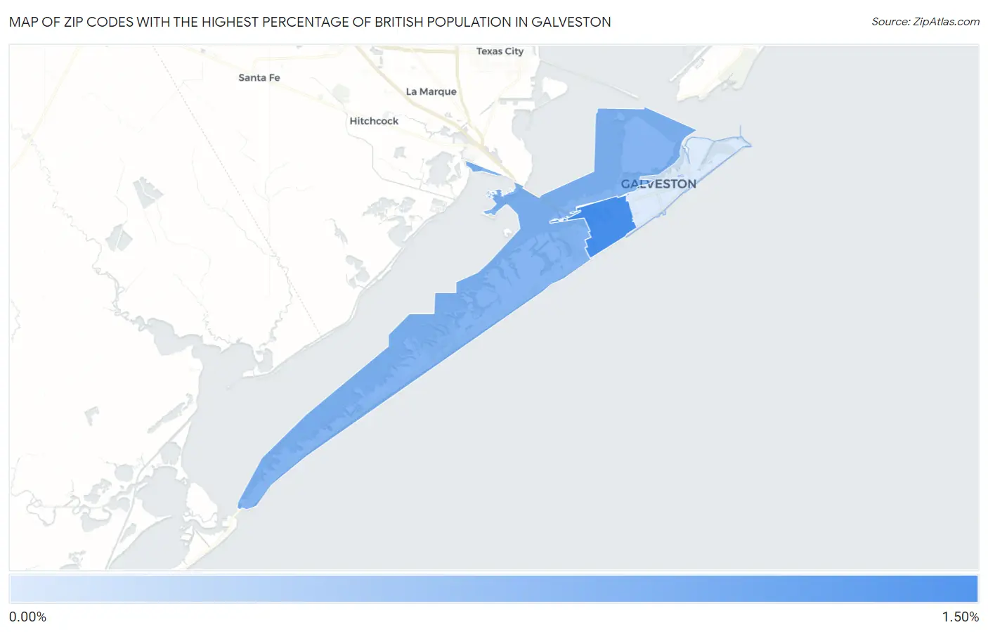 Zip Codes with the Highest Percentage of British Population in Galveston Map