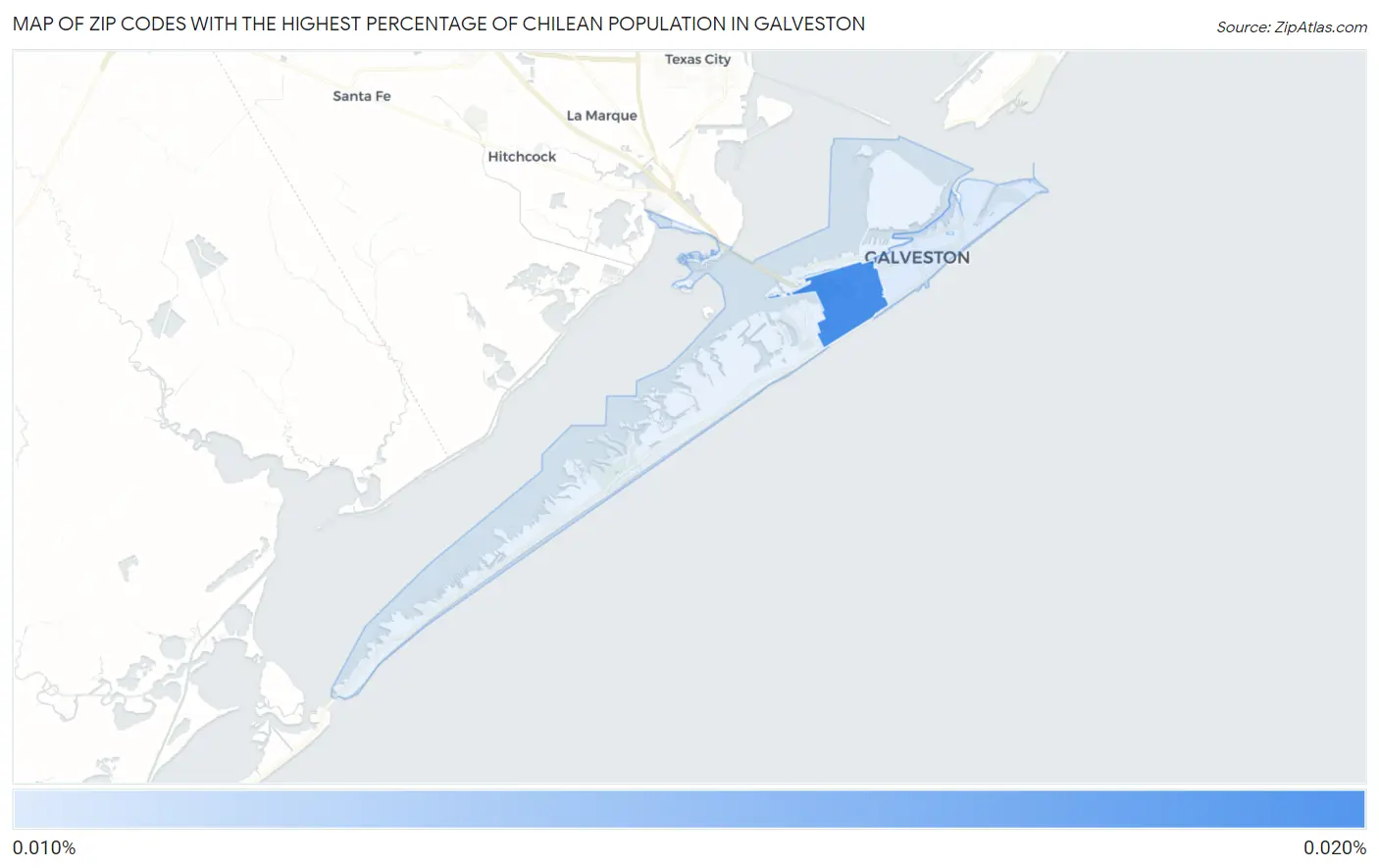 Zip Codes with the Highest Percentage of Chilean Population in Galveston Map
