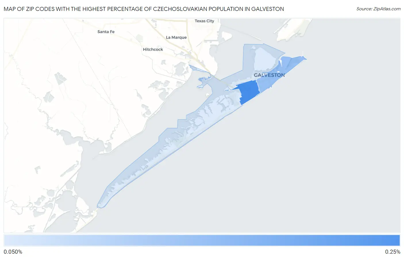 Zip Codes with the Highest Percentage of Czechoslovakian Population in Galveston Map
