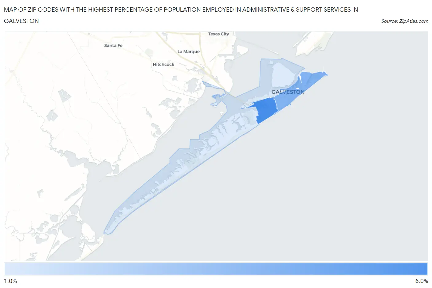 Zip Codes with the Highest Percentage of Population Employed in Administrative & Support Services in Galveston Map