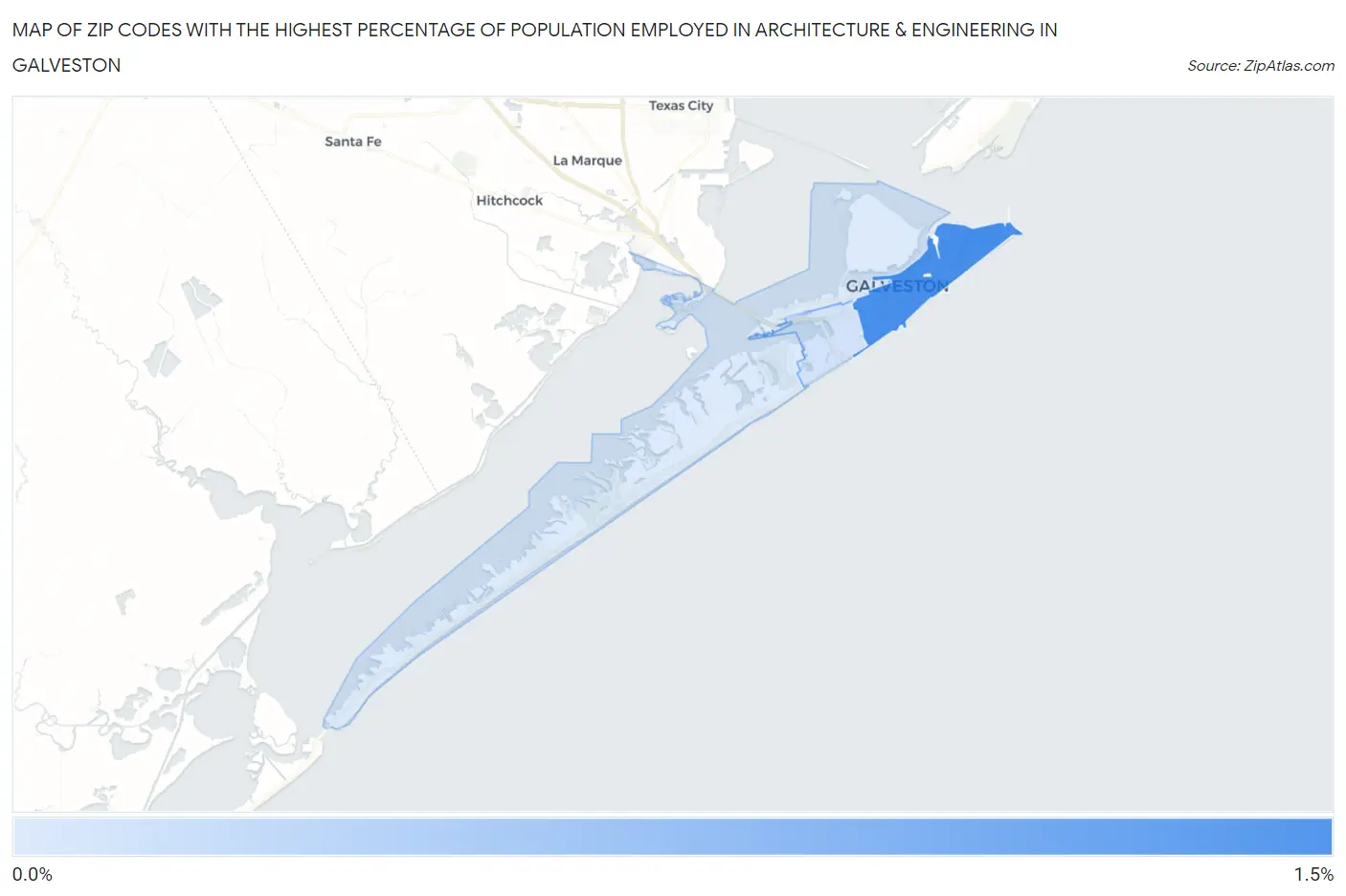 Zip Codes with the Highest Percentage of Population Employed in Architecture & Engineering in Galveston Map