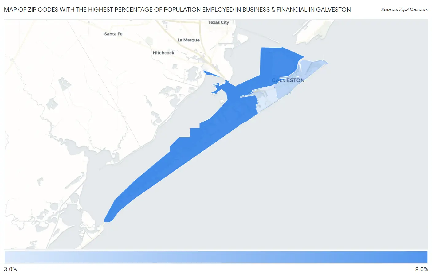 Zip Codes with the Highest Percentage of Population Employed in Business & Financial in Galveston Map