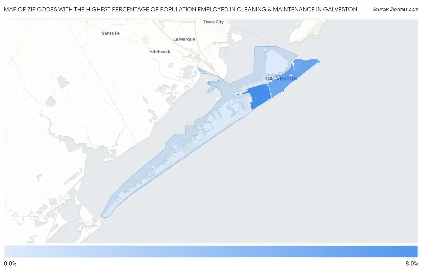 Zip Codes with the Highest Percentage of Population Employed in Cleaning & Maintenance in Galveston Map