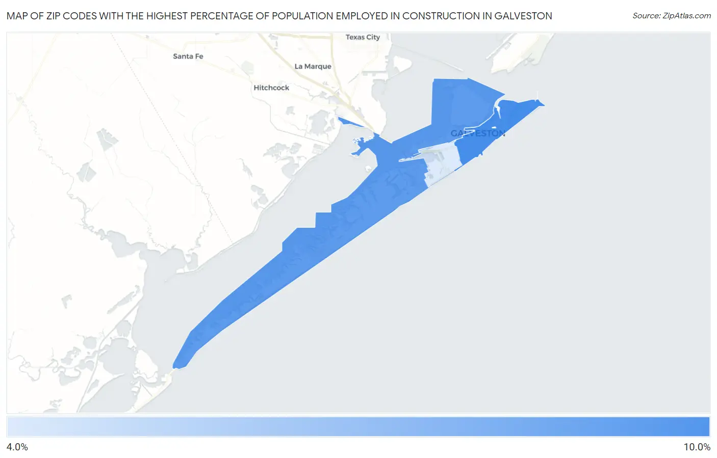 Zip Codes with the Highest Percentage of Population Employed in Construction in Galveston Map