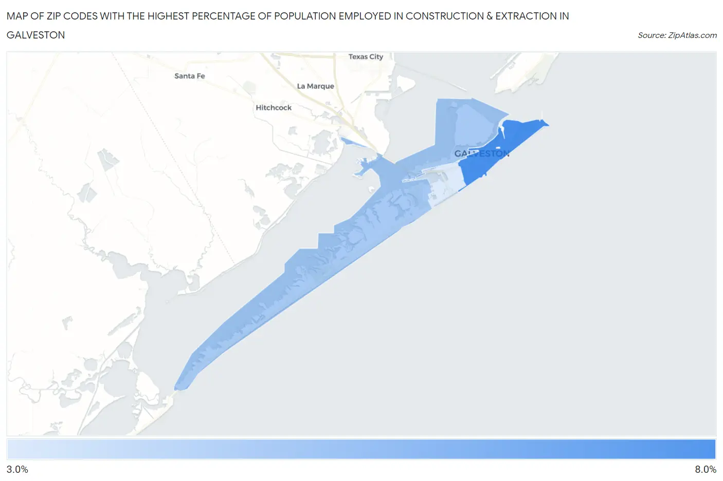 Zip Codes with the Highest Percentage of Population Employed in Construction & Extraction in Galveston Map