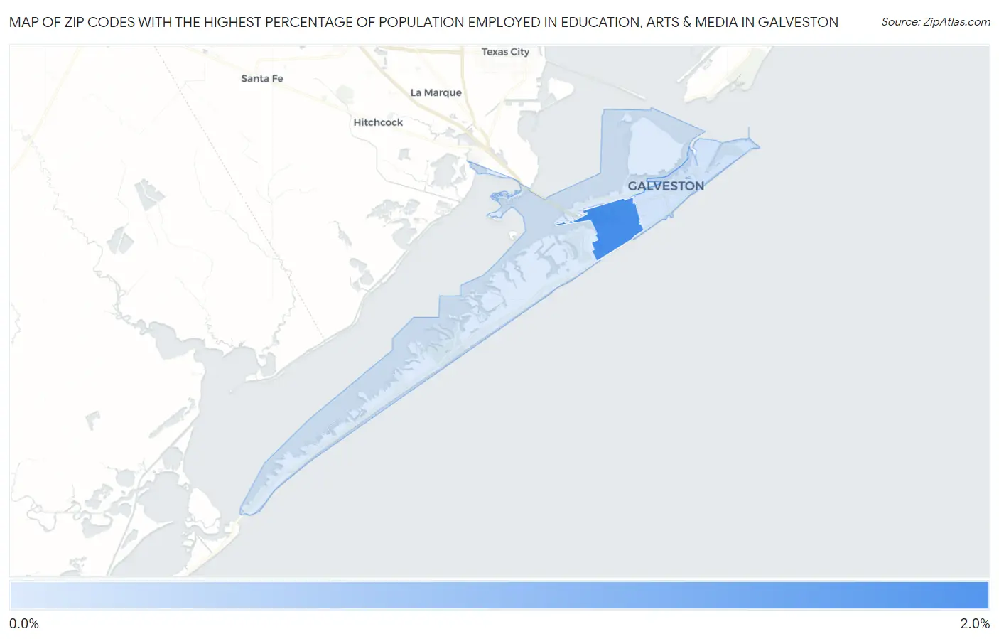 Zip Codes with the Highest Percentage of Population Employed in Education, Arts & Media in Galveston Map