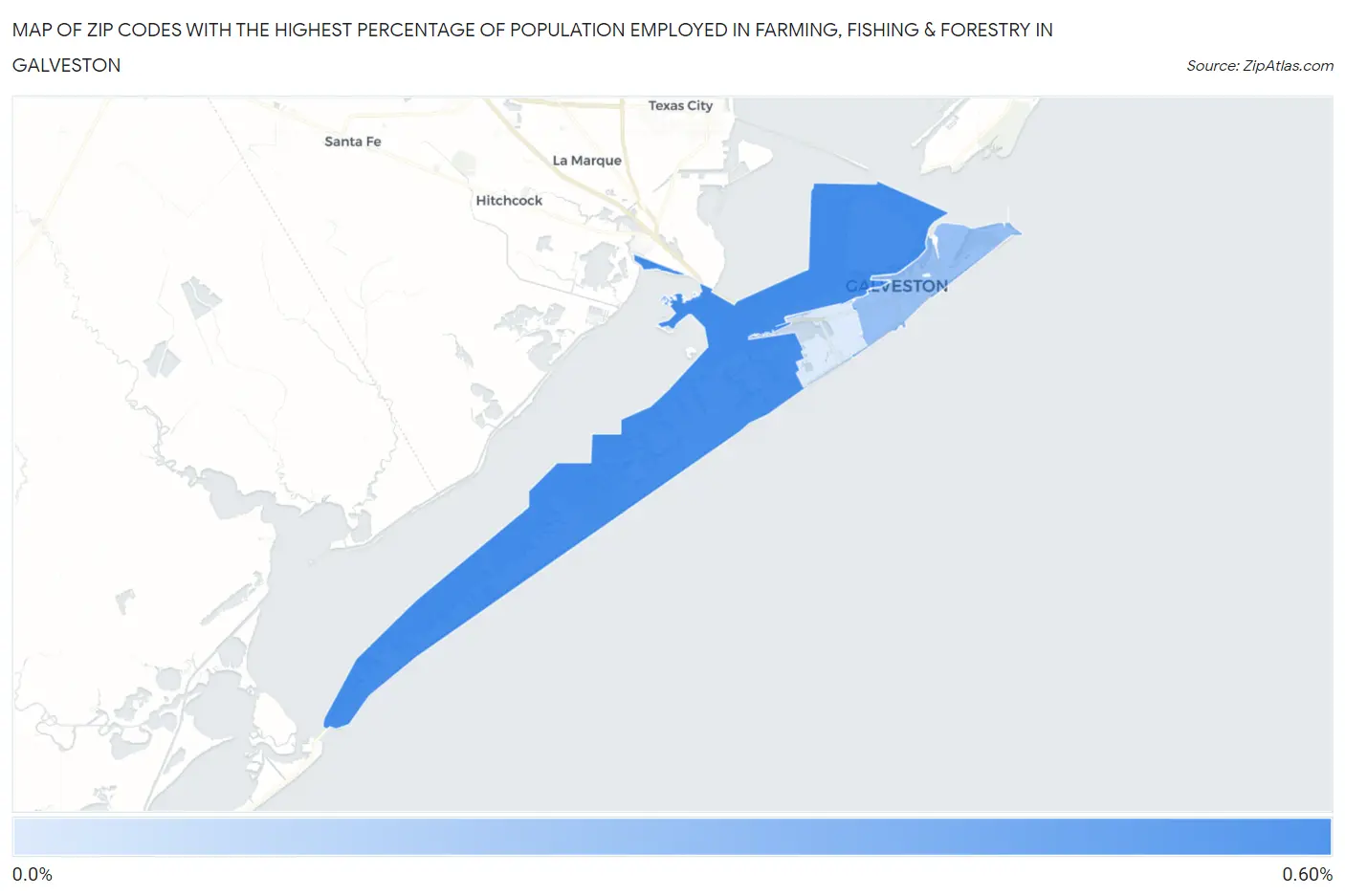 Zip Codes with the Highest Percentage of Population Employed in Farming, Fishing & Forestry in Galveston Map