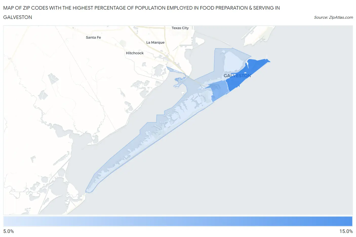 Zip Codes with the Highest Percentage of Population Employed in Food Preparation & Serving in Galveston Map