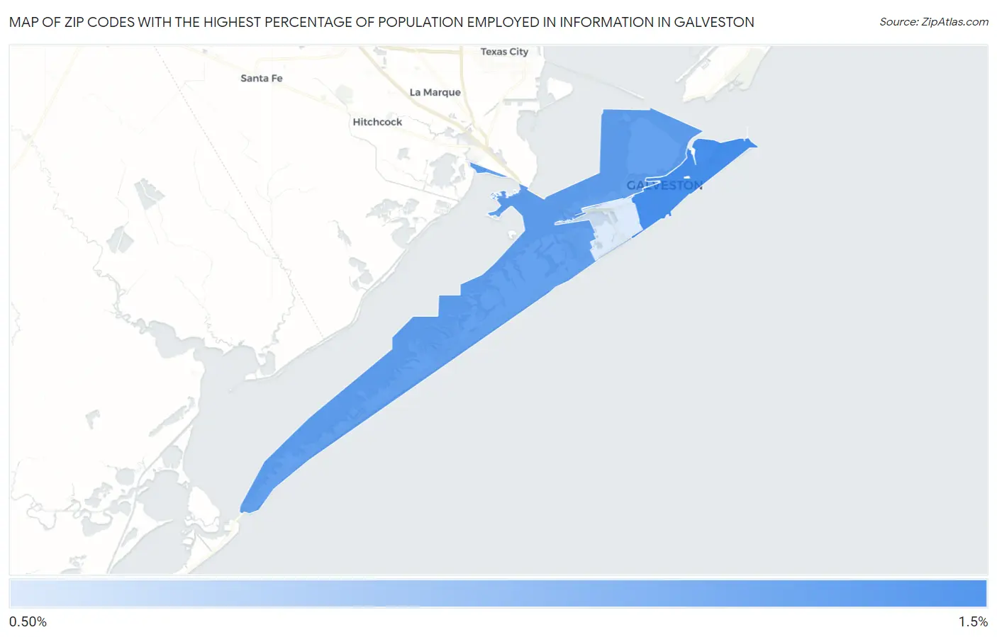 Zip Codes with the Highest Percentage of Population Employed in Information in Galveston Map