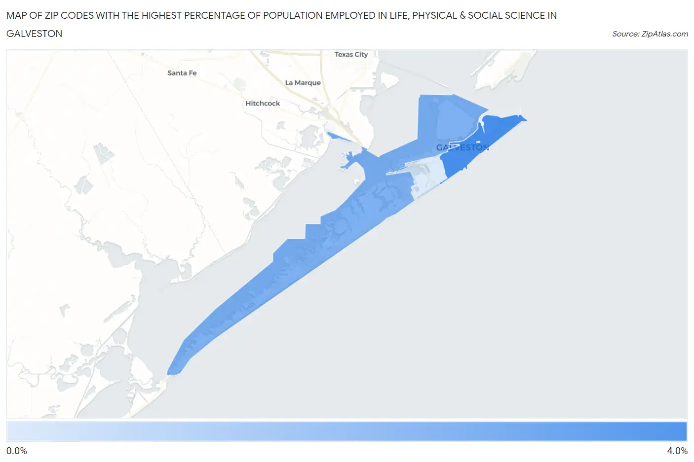 Zip Codes with the Highest Percentage of Population Employed in Life, Physical & Social Science in Galveston Map