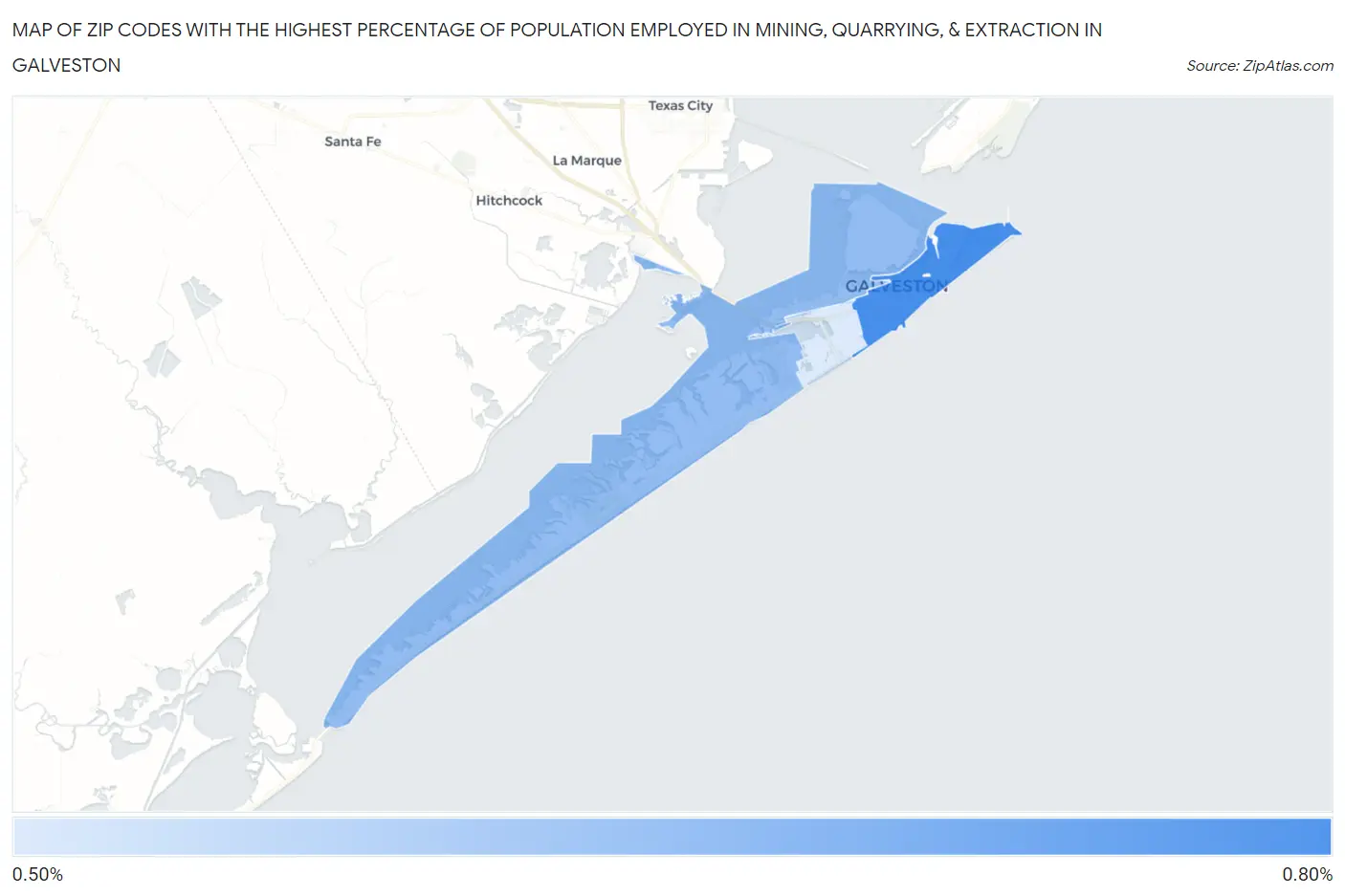 Zip Codes with the Highest Percentage of Population Employed in Mining, Quarrying, & Extraction in Galveston Map