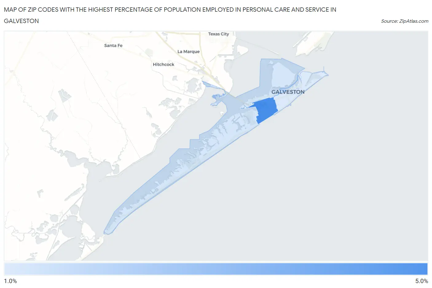 Zip Codes with the Highest Percentage of Population Employed in Personal Care and Service in Galveston Map