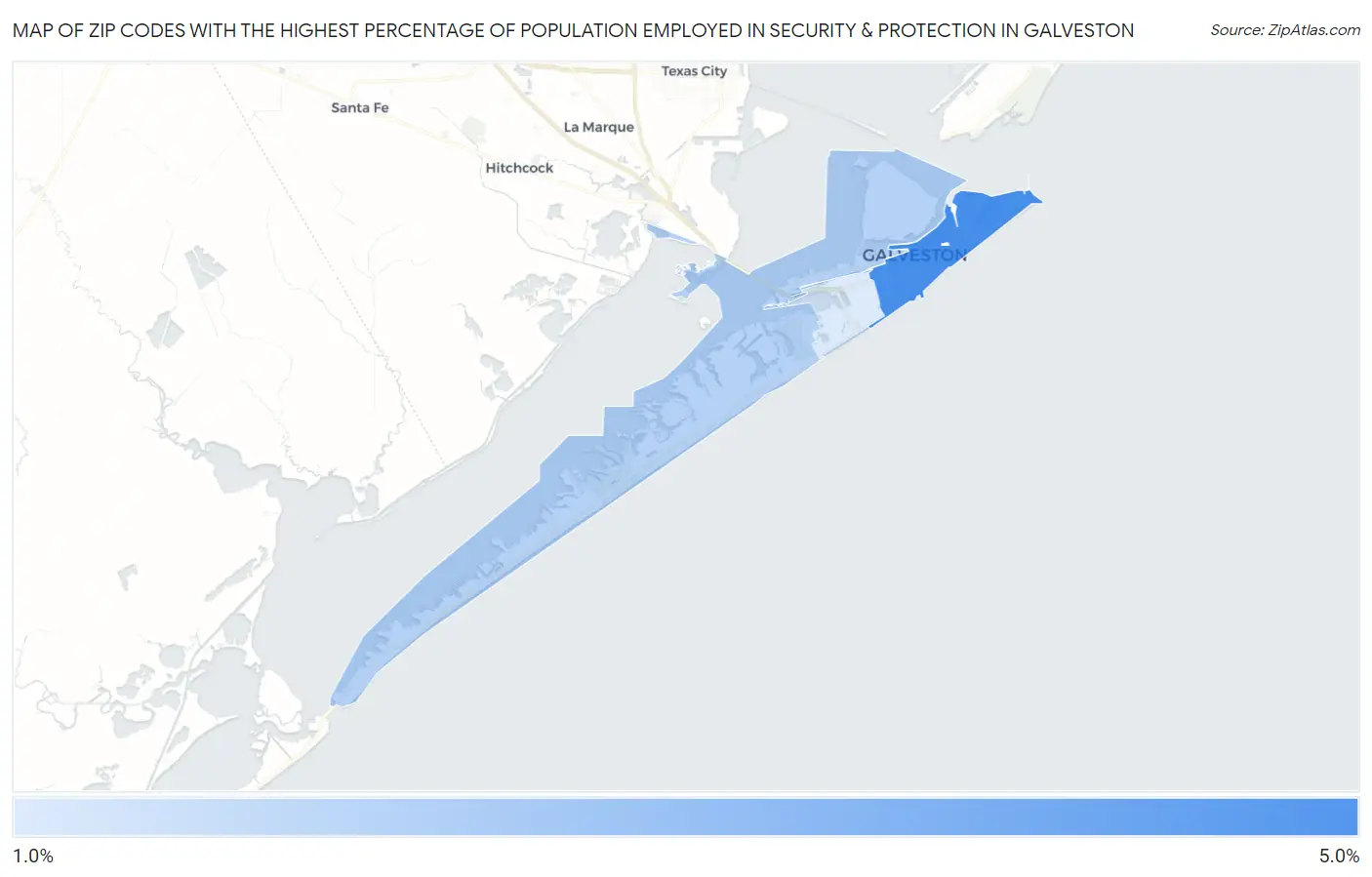 Zip Codes with the Highest Percentage of Population Employed in Security & Protection in Galveston Map