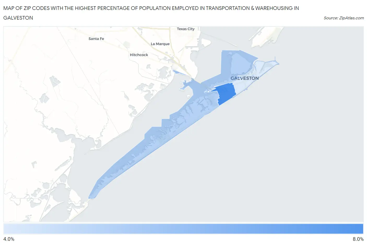 Zip Codes with the Highest Percentage of Population Employed in Transportation & Warehousing in Galveston Map