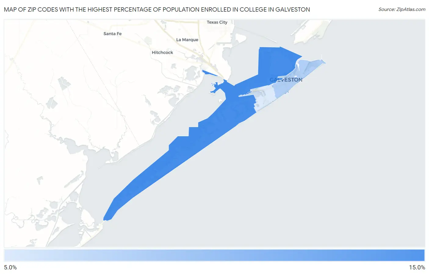 Zip Codes with the Highest Percentage of Population Enrolled in College in Galveston Map
