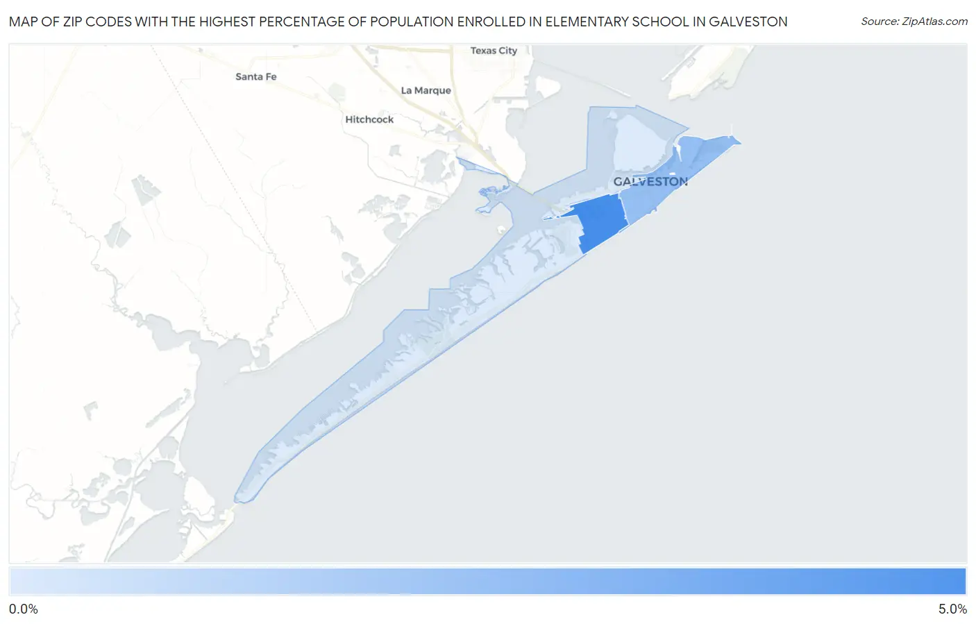 Zip Codes with the Highest Percentage of Population Enrolled in Elementary School in Galveston Map
