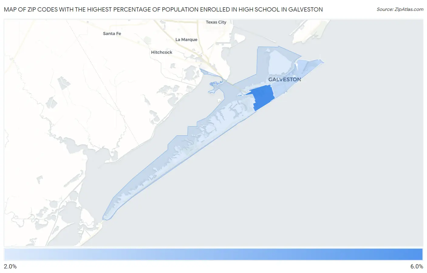 Zip Codes with the Highest Percentage of Population Enrolled in High School in Galveston Map
