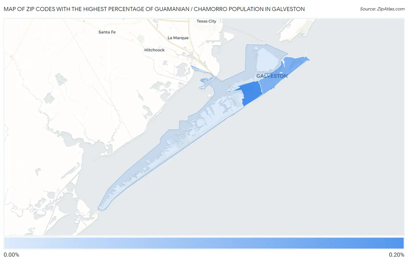 Zip Codes with the Highest Percentage of Guamanian / Chamorro Population in Galveston Map