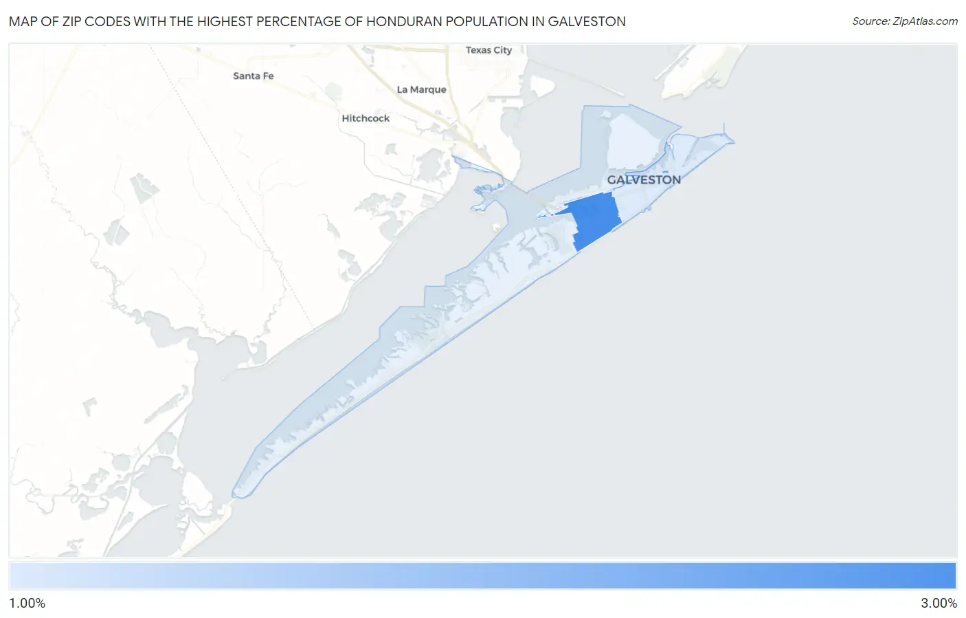 Zip Codes with the Highest Percentage of Honduran Population in Galveston Map