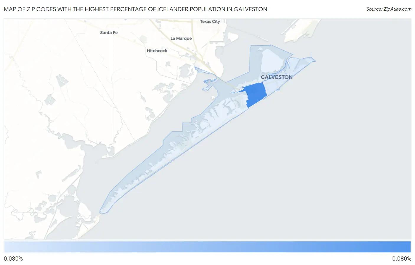 Zip Codes with the Highest Percentage of Icelander Population in Galveston Map