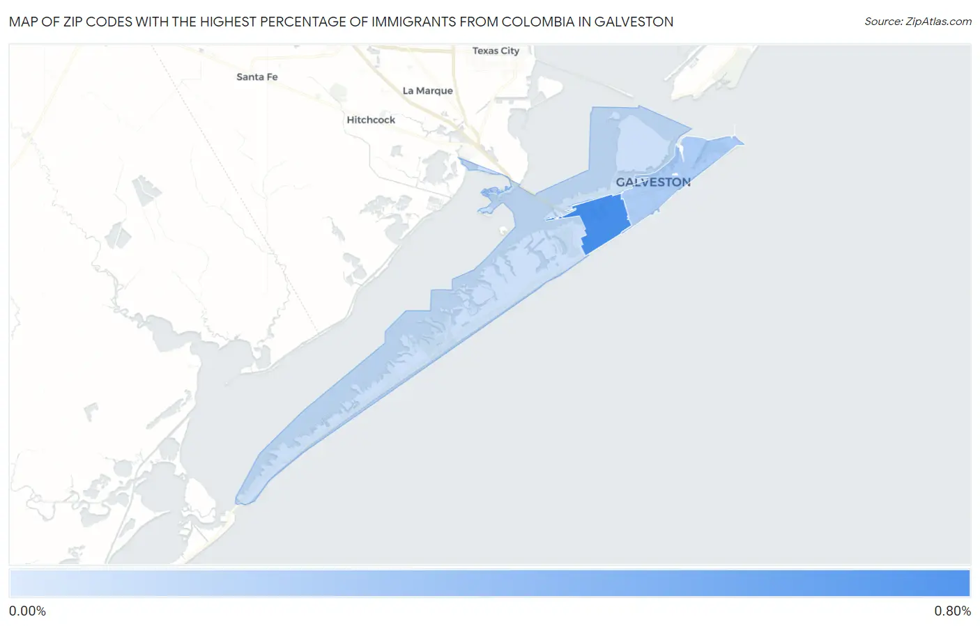 Zip Codes with the Highest Percentage of Immigrants from Colombia in Galveston Map