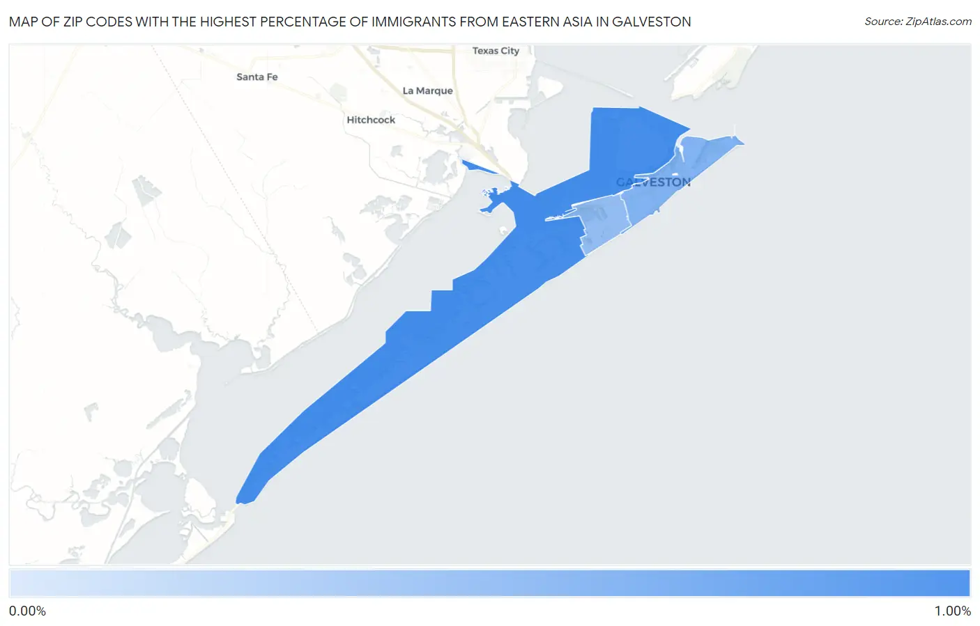 Zip Codes with the Highest Percentage of Immigrants from Eastern Asia in Galveston Map