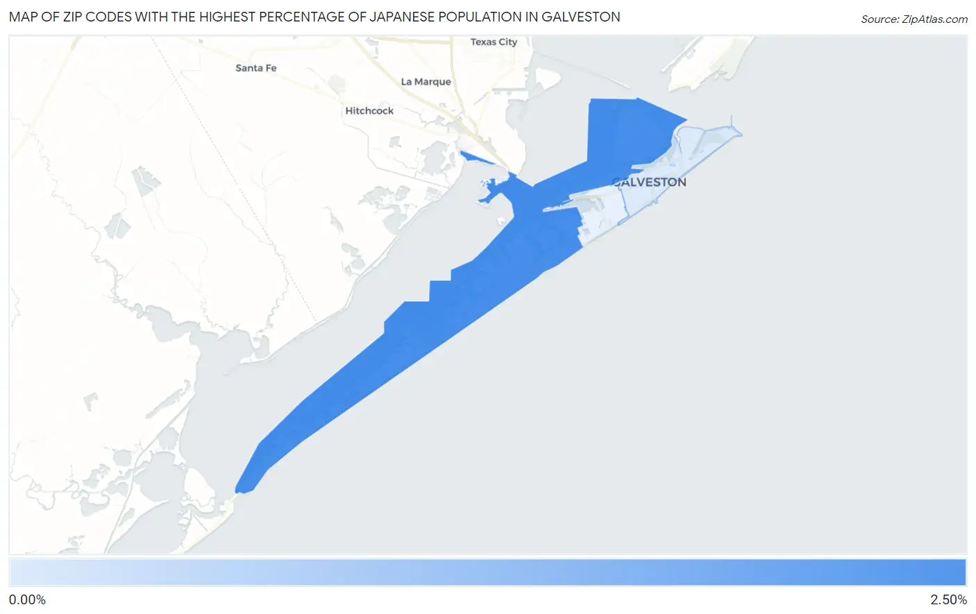 Zip Codes with the Highest Percentage of Japanese Population in Galveston Map