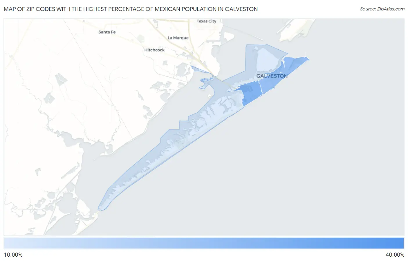 Zip Codes with the Highest Percentage of Mexican Population in Galveston Map