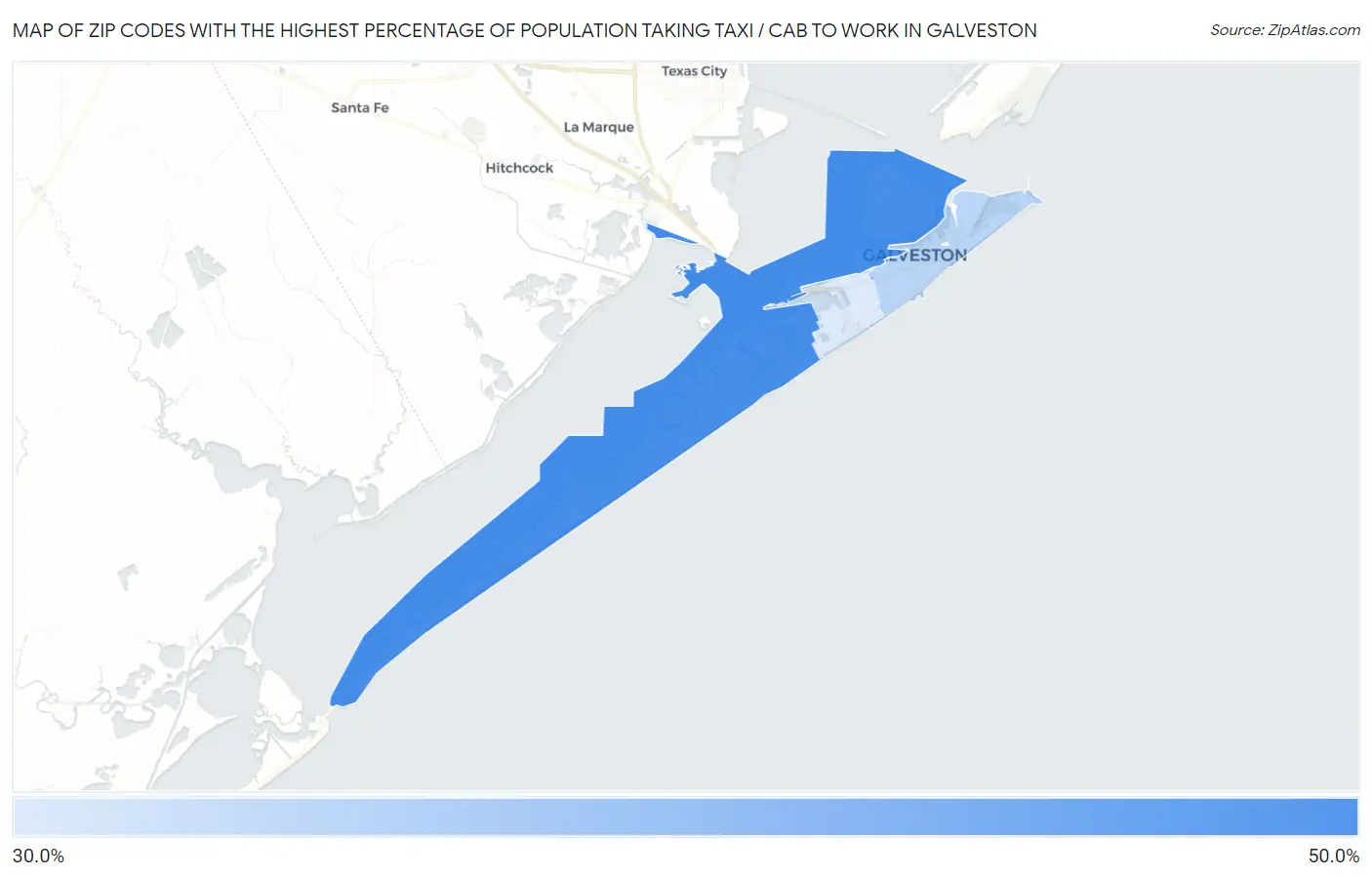 Zip Codes with the Highest Percentage of Population Taking Taxi / Cab to Work in Galveston Map