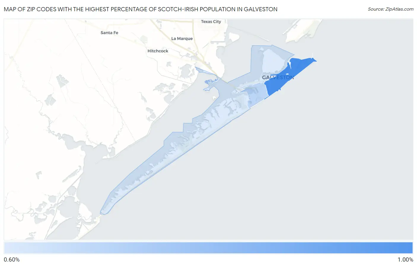 Zip Codes with the Highest Percentage of Scotch-Irish Population in Galveston Map
