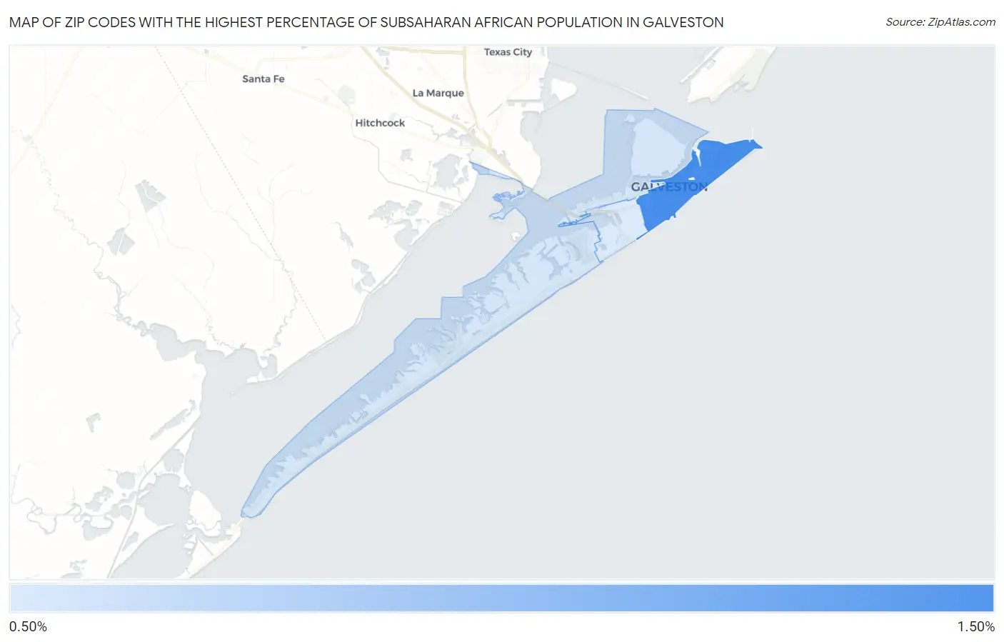 Zip Codes with the Highest Percentage of Subsaharan African Population in Galveston Map