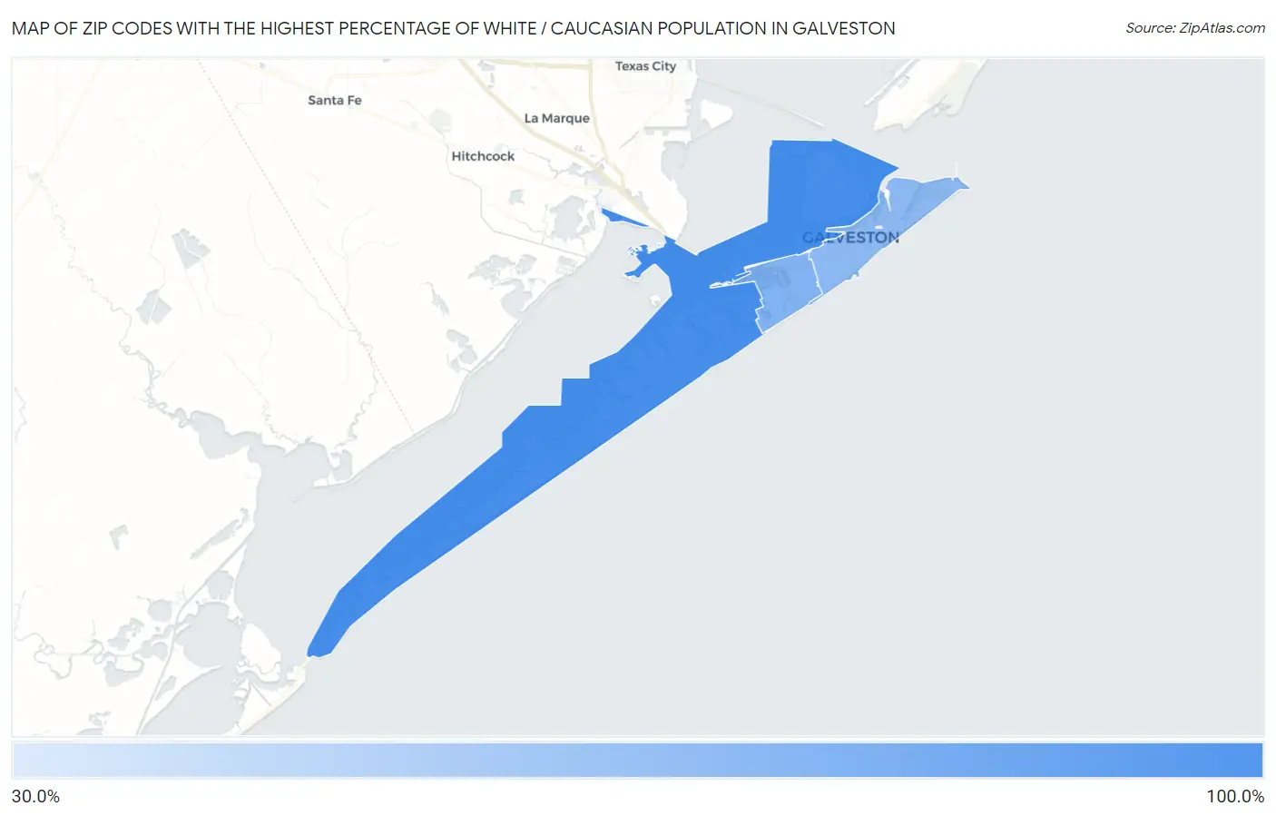 Zip Codes with the Highest Percentage of White / Caucasian Population in Galveston Map