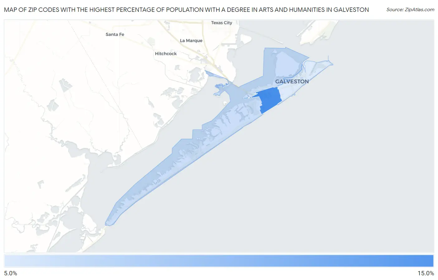 Zip Codes with the Highest Percentage of Population with a Degree in Arts and Humanities in Galveston Map