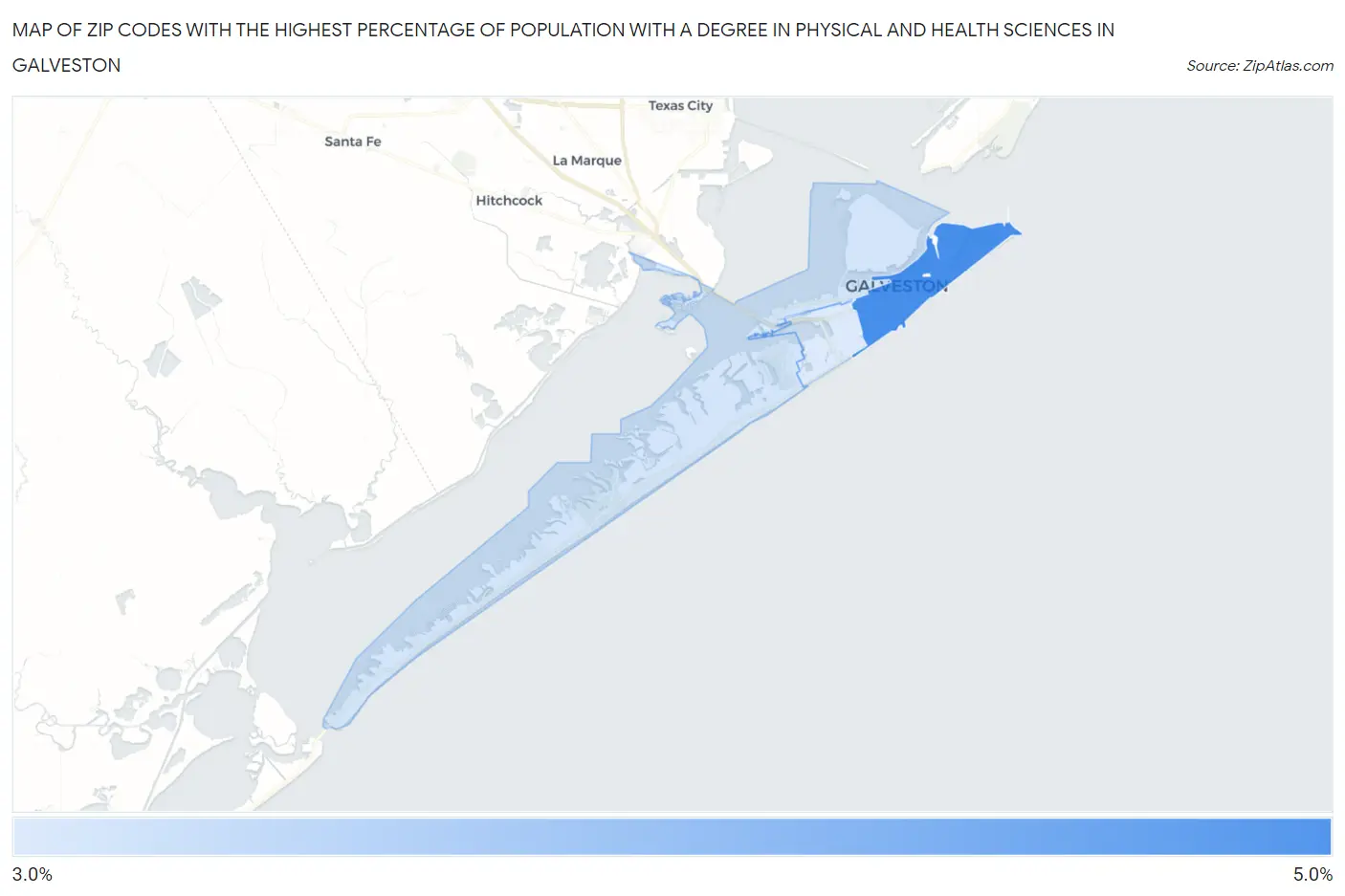 Zip Codes with the Highest Percentage of Population with a Degree in Physical and Health Sciences in Galveston Map