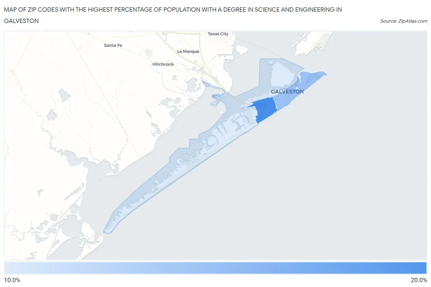 Zip Codes with the Highest Percentage of Population with a Degree in Science and Engineering in Galveston Map