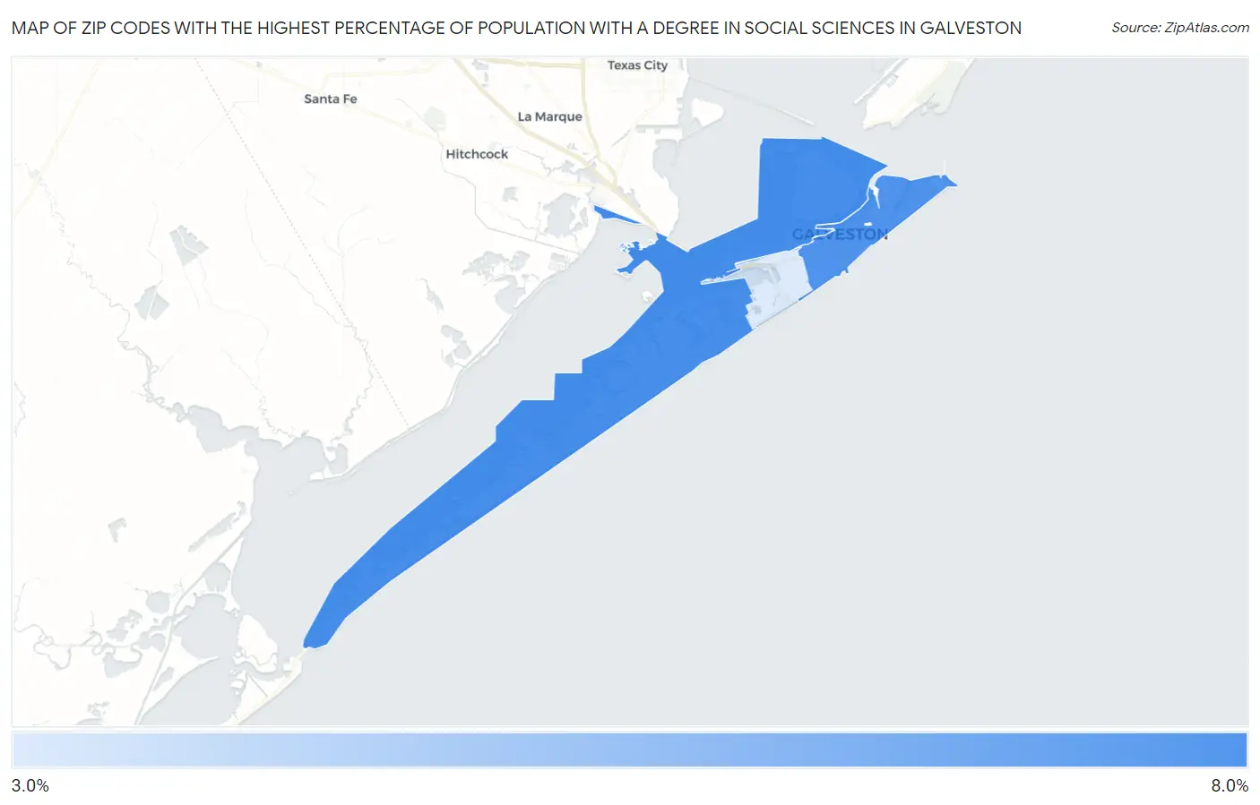 Zip Codes with the Highest Percentage of Population with a Degree in Social Sciences in Galveston Map