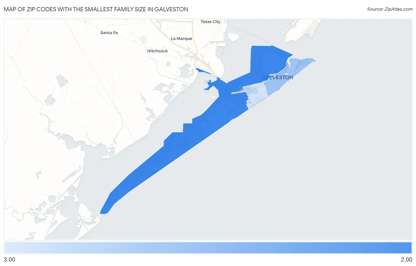 Zip Codes with the Smallest Family Size in Galveston Map