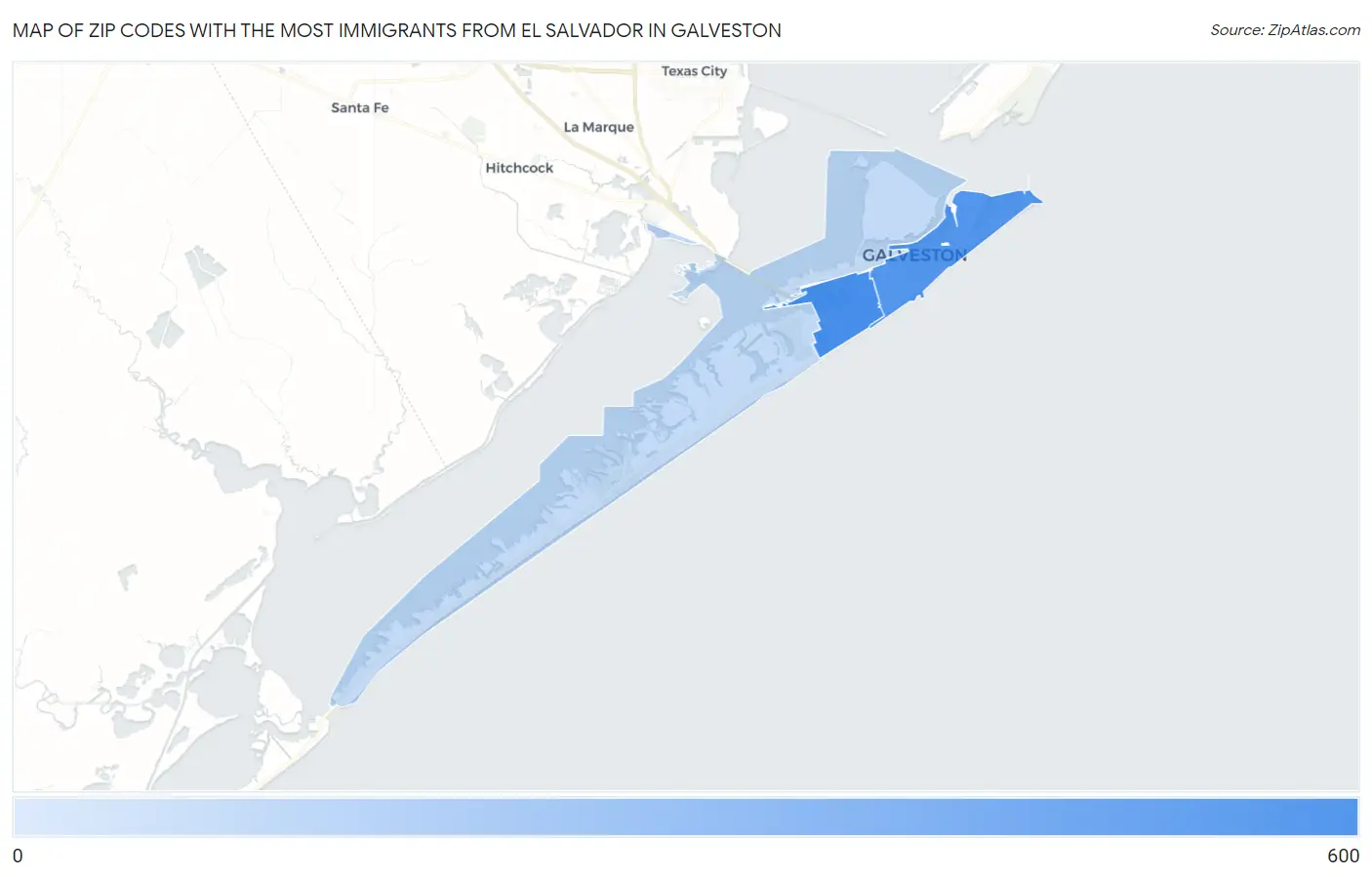 Zip Codes with the Most Immigrants from El Salvador in Galveston Map