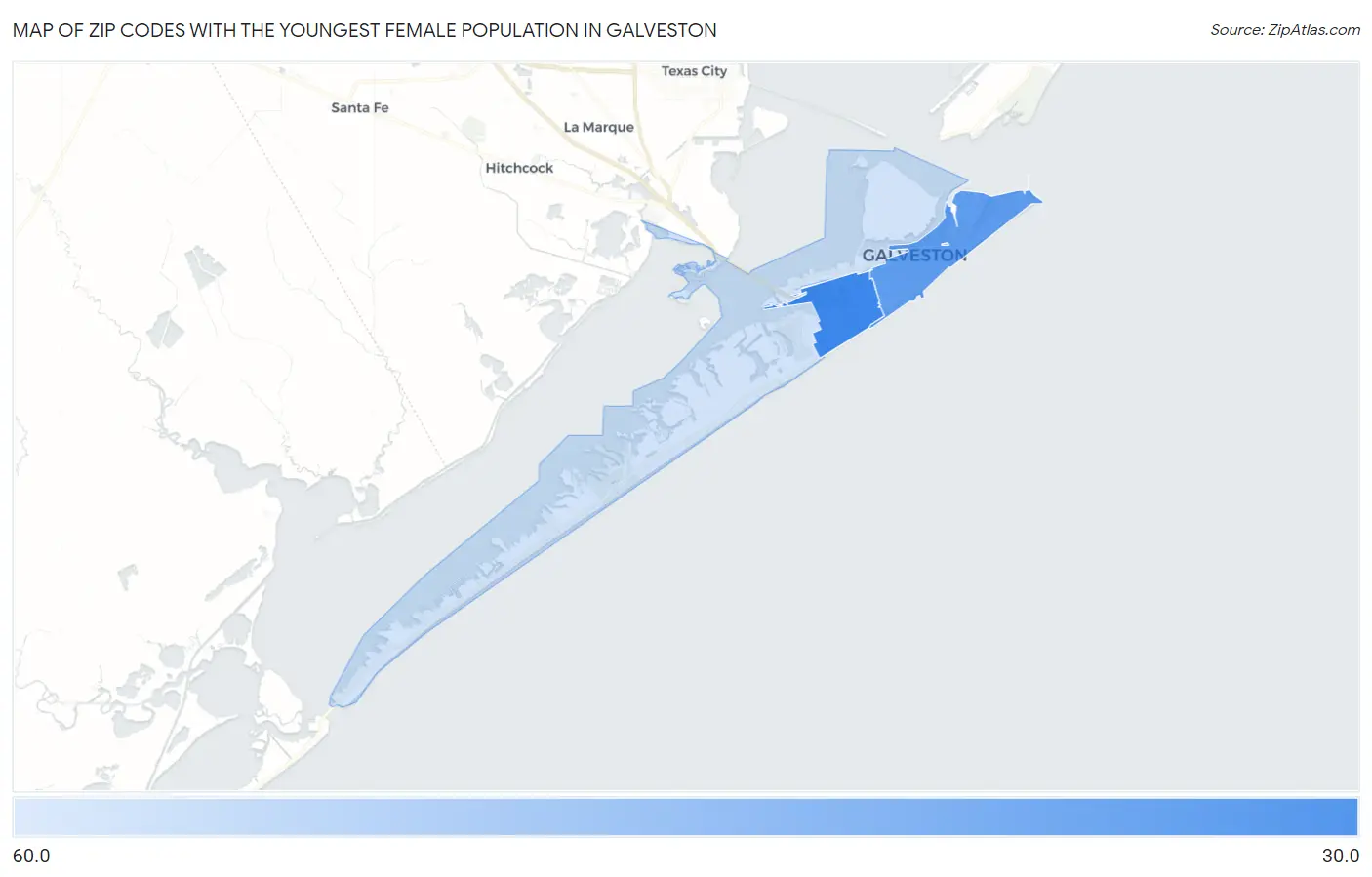 Zip Codes with the Youngest Female Population in Galveston Map