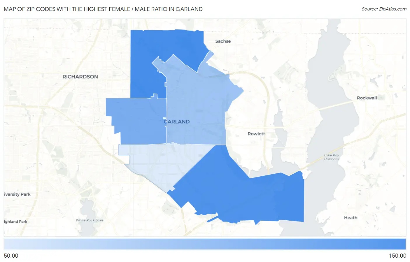 Zip Codes with the Highest Female / Male Ratio in Garland Map