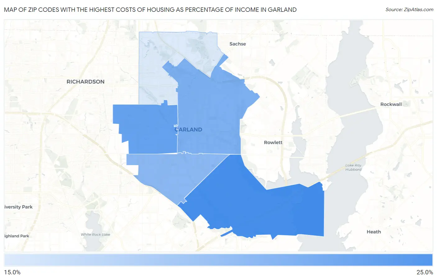 Zip Codes with the Highest Costs of Housing as Percentage of Income in Garland Map