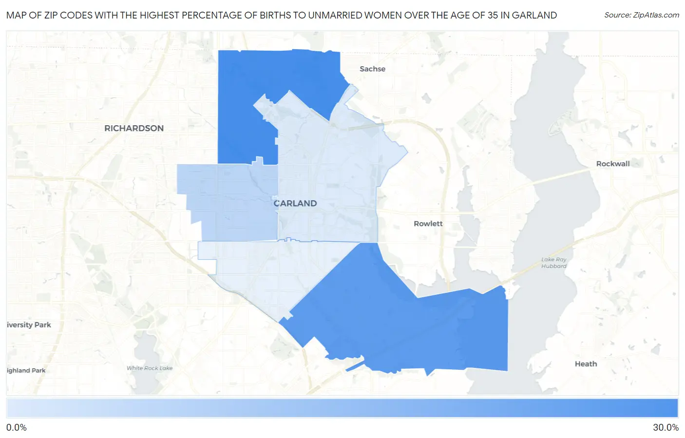 Zip Codes with the Highest Percentage of Births to Unmarried Women over the Age of 35 in Garland Map