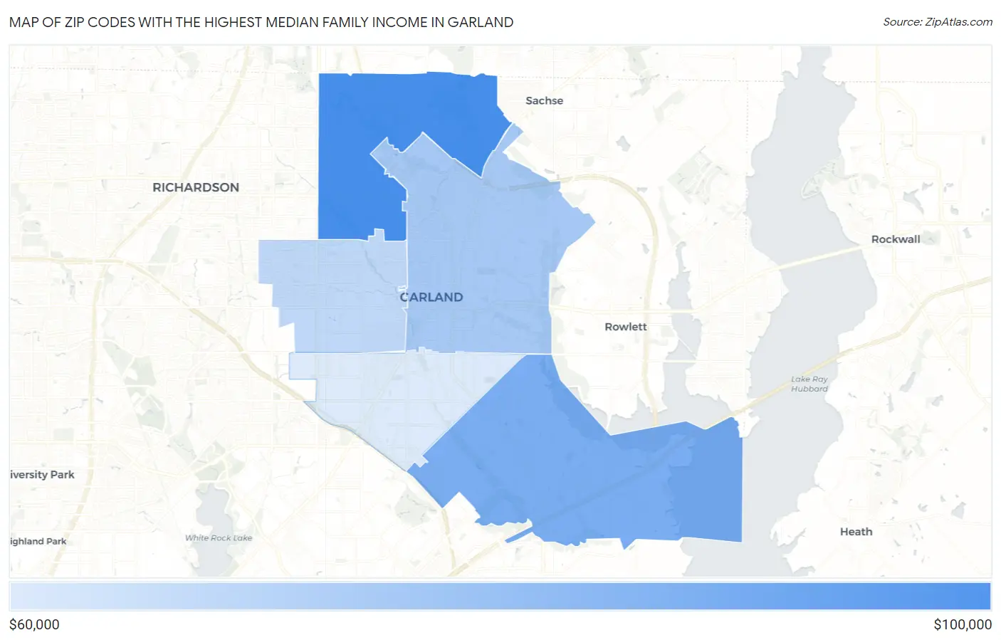 Zip Codes with the Highest Median Family Income in Garland Map