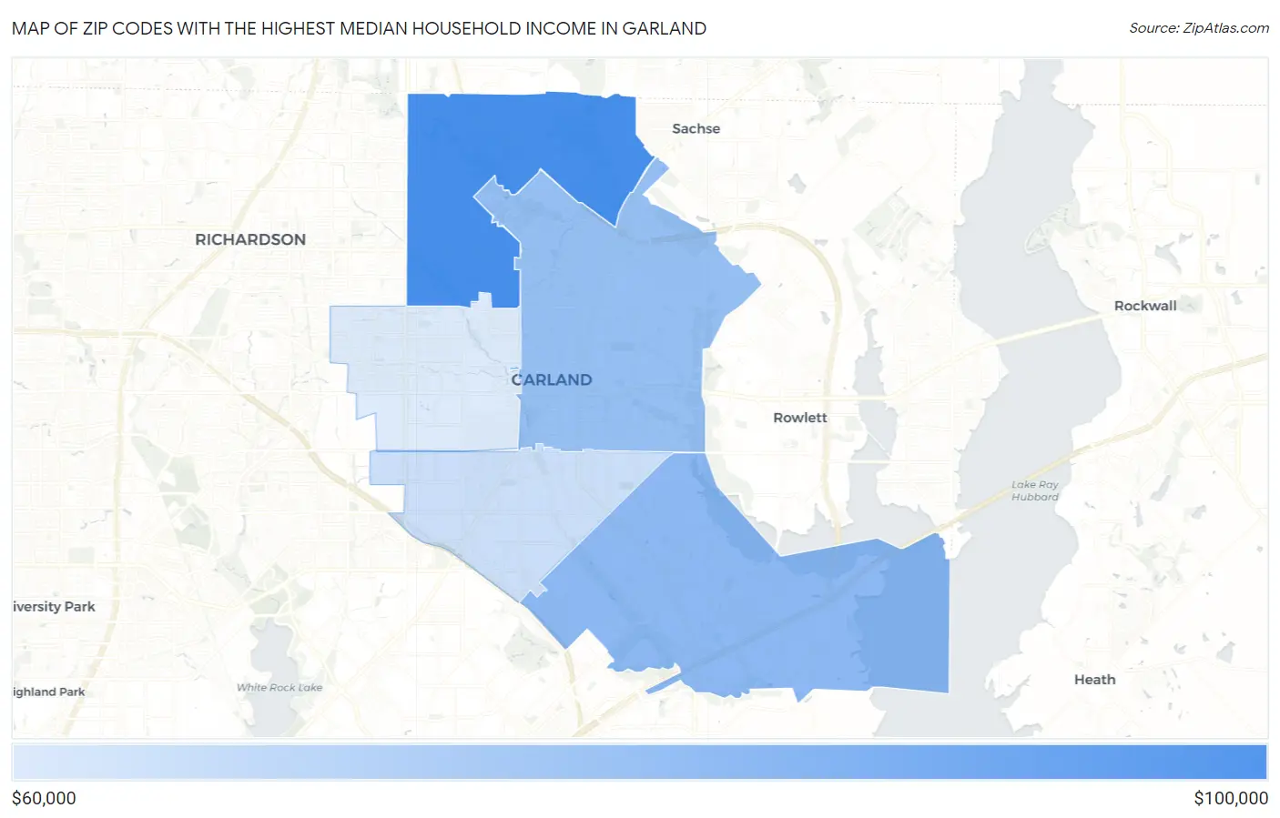 Zip Codes with the Highest Median Household Income in Garland Map